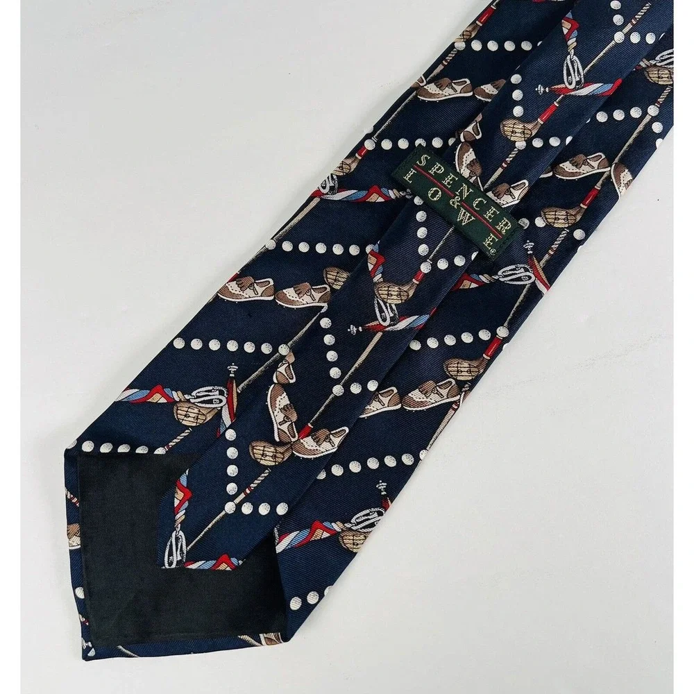 Spence & Lowe Navy Blue White Polka Dots Golf Blue Shoes Silk Neck Tie 57 x 4 - Picture 4 of 5
